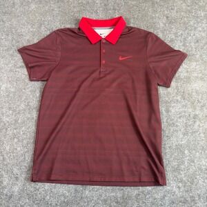 Nike Polo Mens Large Red Dri-FIT Golf Shirt Maroon Red Striped Short Sleeve 4610